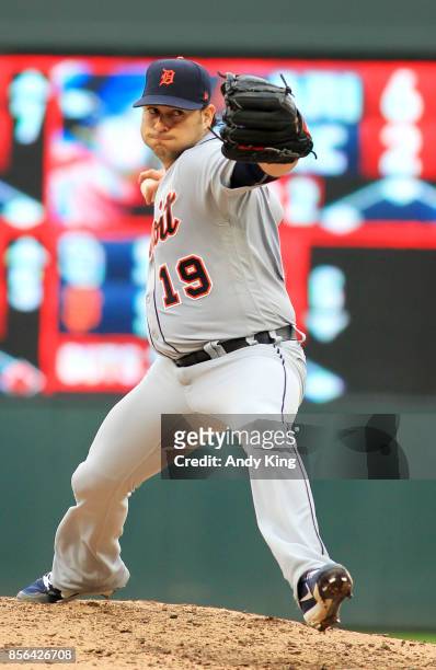 Anibal Sanchez of the Detroit Tigers pitches against the Minnesota Twins in the first inning during their baseball game on October 1 at Target Field...