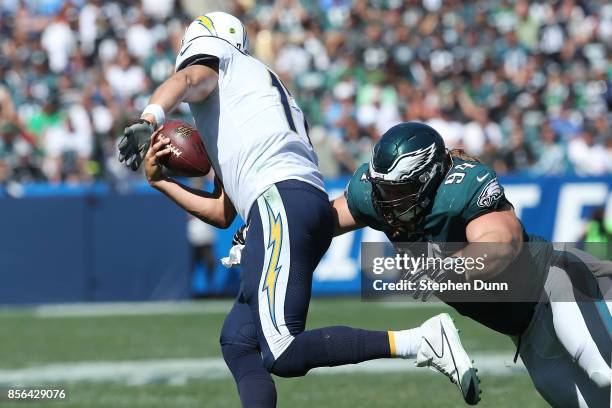 Beau Allen of the Philadelphia Eagles sacks Philip Rivers of the Los Angeles Chargers during the NFL game at StubHub Center on October 1, 2017 in...