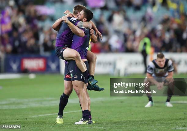 Jesse Bromwich of the Storm celebrates victory in the 2017 NRL Grand Final match between the Melbourne Storm and the North Queensland Cowboys at ANZ...
