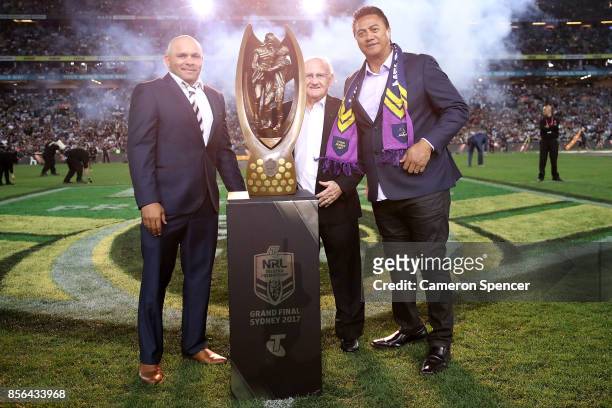 Former Cowboys player Matt Bowen and former Storm player Tawera Nikau pose alongside Arthur Summons and the Provan-Summons Trophy before the 2017 NRL...