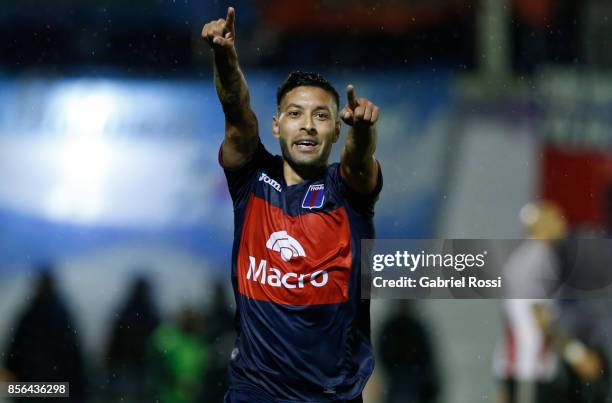 Lucas Janson of Tigre celebrates after scoring the first goal of his team during a match between Tigre and River Plate as part of Superliga 2017/18...