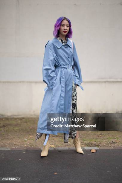 Irene Kim is seen attending Cline during Paris Fashion Week wearing Cline on October 1, 2017 in Paris, France.