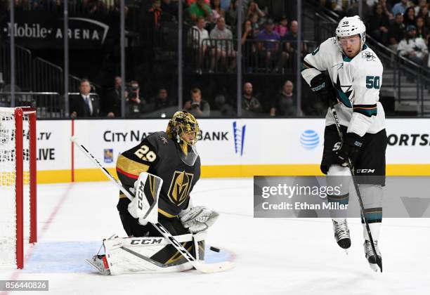 Marc-Andre Fleury of the Vegas Golden Knights blocks a shot by Chris Tierney of the San Jose Sharks in the first period of their preseason game at...