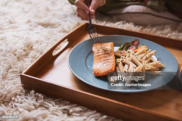 salmon with pasta and vegetables - wholegrain stock pictures, royalty-free photos & images