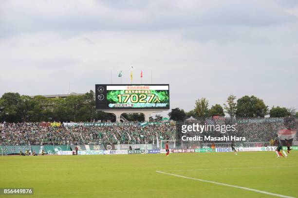 The score board displays during the J.League J2 match between FC GIfu and Nagoya Grampus at Nagaragawa Stadium on October 1, 2017 in Gifu, Japan.