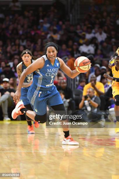 Jia Perkins of the Minnesota Lynx handles the ball against the Los Angeles Sparks in Game Four of the 2017 WNBA Finals on October 1, 2017 at the...