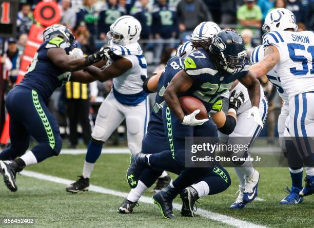 Running back Eddie Lacy of the Seattle Seahawks runs out of the end zone against the Indianapolis Colts in the second quarter of the game at...