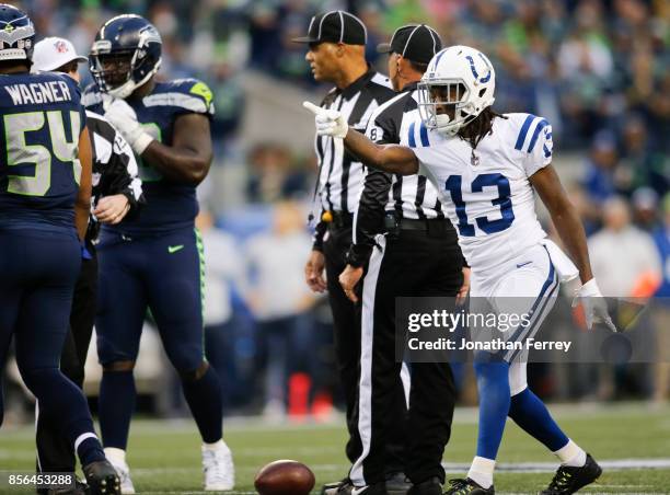 Wide receiver T.Y. Hilton of the Indianapolis Colts reacts in the second quarter of the game against the Seattle Seahawks at CenturyLink Field on...