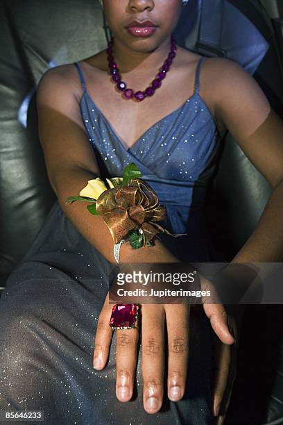 teenage girl wearing corsage - prom limousine stock pictures, royalty-free photos & images