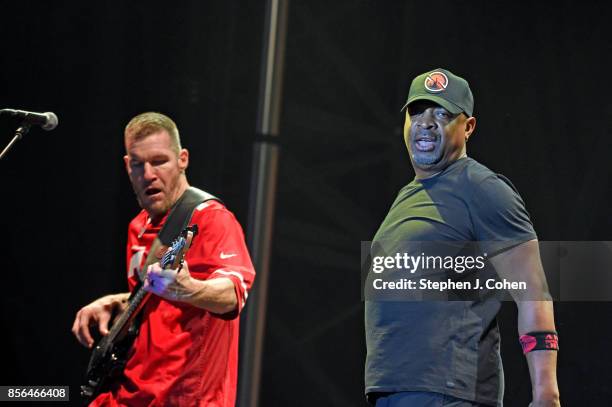 Tim Commerford and Chuck D of Prophets Of Rage performs at Champions Park on October 1, 2017 in Louisville, Kentucky.