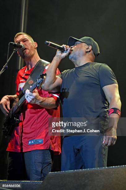 Tim Commerford and Chuck D of Prophets Of Rage performs at Champions Park on October 1, 2017 in Louisville, Kentucky.