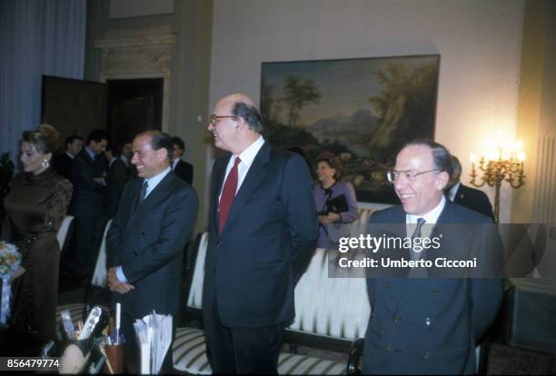 Milan, Italy, November 15 Silvio Berlusconi and Veronica Lario wedding ceremony at Palazzo Marino Milan city hall Groomsmen Bettino Craxi and Fedele...