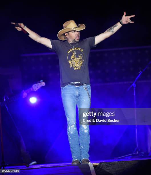 Recording artist Jason Aldean performs during the Route 91 Harvest country music festival, shortly before a gunman opened fire, at the Las Vegas...