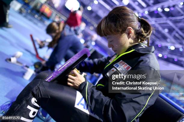 Sumire Kikuchi of Japan prepares during the Audi ISU World Cup Short Track Speed Skating at Bok Hall on October 1, 2017 in Budapest, Hungary.