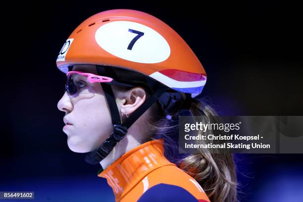 Suzanne Schulting of the Netherlands preapares during the Audi ISU World Cup Short Track Speed Skating at Bok Hall on October 1, 2017 in Budapest,...