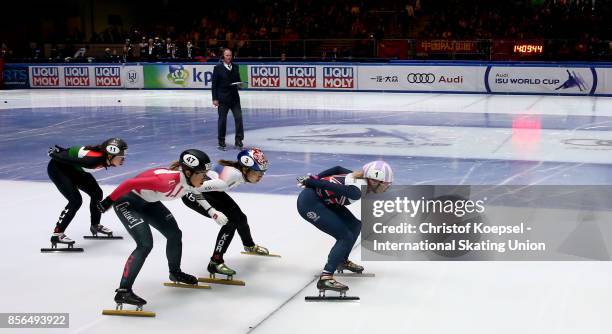 Skaters compete during the ladies 1000m quarterfinals heat three during the Audi ISU World Cup Short Track Speed Skating at Bok Hall on October 1,...