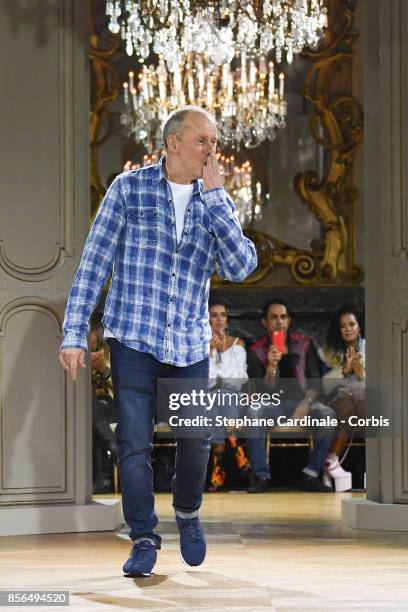 Designer Bill Gaytten walks the runway during the John Galliano Spring Summer 2018 show as part of Paris Fashion Week at on October 1, 2017 in Paris,...