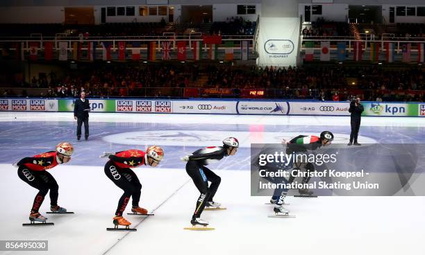 Skaters compete during the men 1000m quarterfinals heat two during the Audi ISU World Cup Short Track Speed Skating at Bok Hall on October 1, 2017 in...