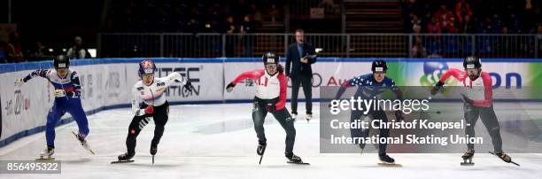 Skaters compete during the men 1000m quarterfinals heat three during the Audi ISU World Cup Short Track Speed Skating at Bok Hall on October 1, 2017...