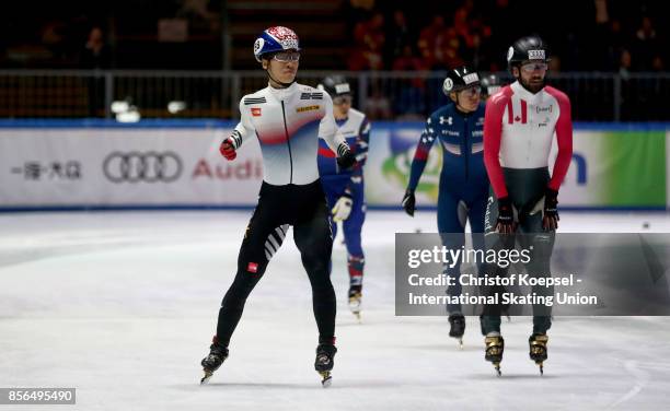 Dae Heon Hwang of Korea reacts winning the Audi ISU World Cup Short Track Speed Skating at Bok Hall on October 1, 2017 in Budapest, Hungary.