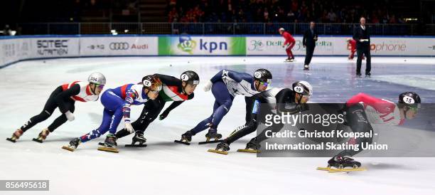Skaters compete during the men 1000m quarterfinals heat four during the Audi ISU World Cup Short Track Speed Skating at Bok Hall on October 1, 2017...
