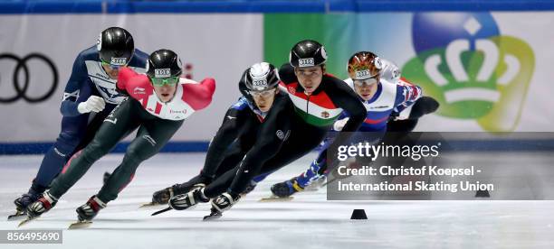 Skaters compete during the men 1000m quarterfinals heat four during the Audi ISU World Cup Short Track Speed Skating at Bok Hall on October 1, 2017...