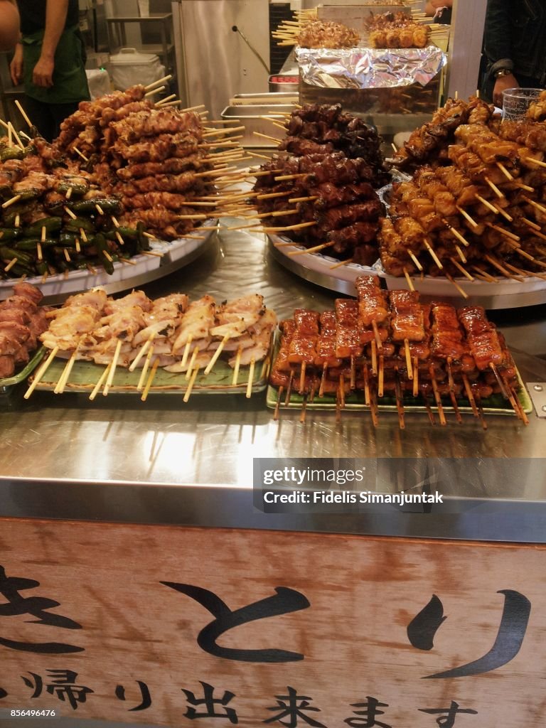 Yakitori (chicken skewers) street food stall in Tokyo, Japan