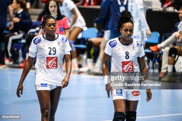 Gnonsiane Niombla and Laurissa Landre of France looks dejected during the handball women's international friendly match between France and Brazil on...