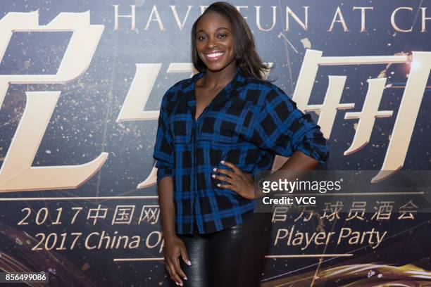 Sloane Stephens of USA poses on the red carpet of the 2017 China Open Player Party at Beijing Olympic Tower on October 1, 2017 in Beijing, China.