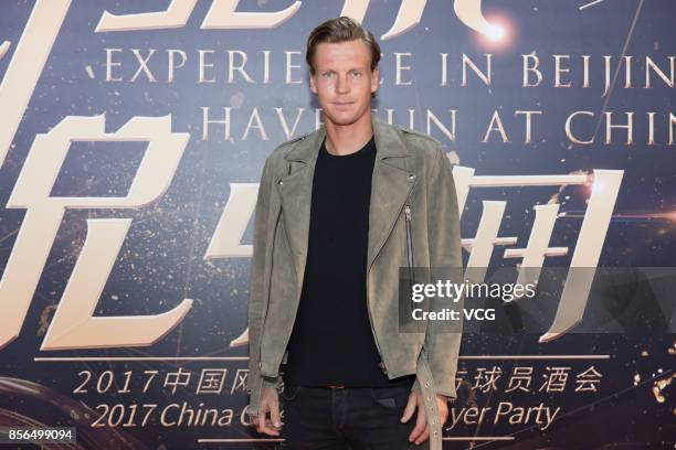 Tomas Berdych of Czech Republic poses on the red carpet of the 2017 China Open Player Party at Beijing Olympic Tower on October 1, 2017 in Beijing,...
