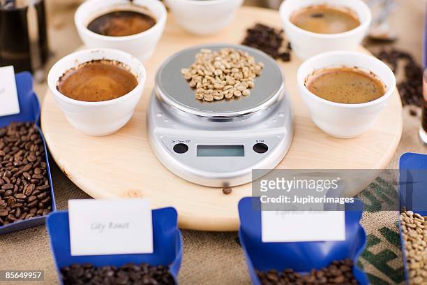 still life of samples of coffee - word cup ストックフォトと画像