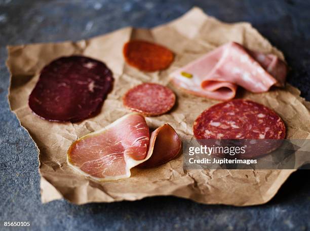variety of italian meats - salami stock pictures, royalty-free photos & images