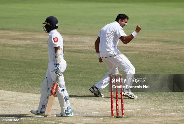 Mohammad Abbas of Pakistan celebrates after dismissing Kusal Mendis of Sri Lanka during Day Five of the First Test between Pakistan and Sri Lanka at...