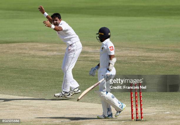 Mohammad Abbas of Pakistan celebrates after dismissing Kusal Mendis of Sri Lanka during Day Five of the First Test between Pakistan and Sri Lanka at...
