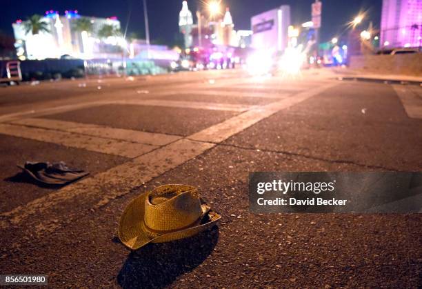 Cowboy hat lays in the street after shots were fired near a country music festival on October 1, 2017 in Las Vegas, Nevada. There are reports of an...
