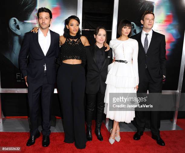 Actors Diego Luna, Kiersey Clemons, Ellen Page, Nina Dobrev and James Norton attend the premiere of "Flatliners" at The Theatre at Ace Hotel on...