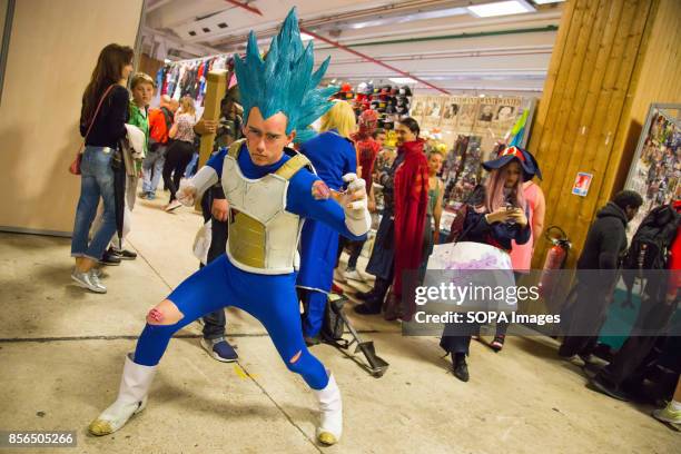 Man dressed as a dragon ball manga character is pictured during the 24th edition of the Paris Manga Sci-Fi Show mostly devoted to Japanese...