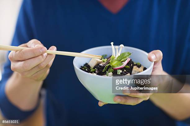 vegan black rice , tofu , and enoki mushroom salad - black rice stock pictures, royalty-free photos & images