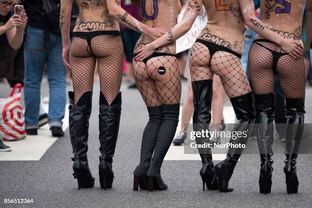 Graphic content) Participants in the 3rd Annual Amber Rose SlutWalk in Los Angeles, California. October 1, 2017. The event seeks to highlight issues...