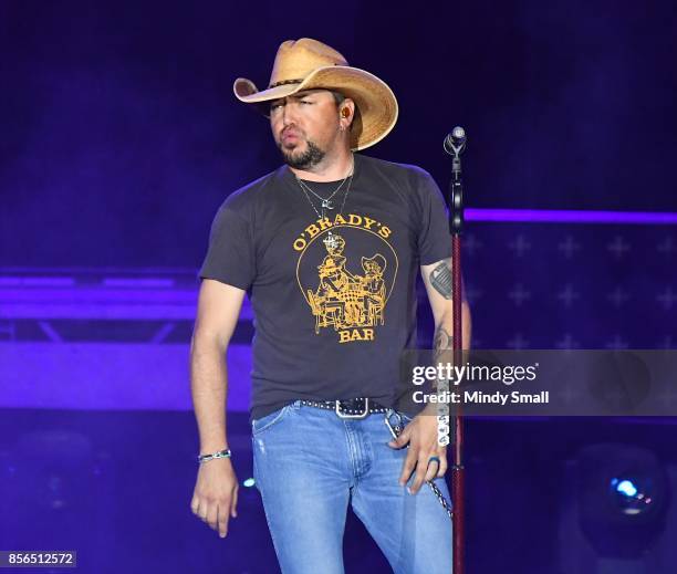 Recording artist Jason Aldean performs during the Route 91 Harvest country music festival at the Las Vegas Village on October 1, 2017 in Las Vegas,...