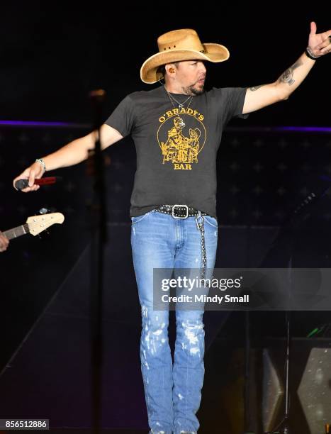 Recording artist Jason Aldean performs during the Route 91 Harvest country music festival at the Las Vegas Village on October 1, 2017 in Las Vegas,...