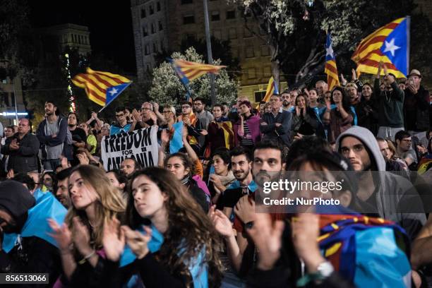 Banner &quot;Freedom for Catalonia&quot; in Barcelona, Spain, on October 1, 2017. More than five million eligible Catalan voters are estimated to...