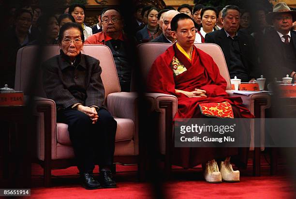 The Panchen Lama, Gyaltsen Norbu attends a government symposium to mark the 50th anniversary on the liberation of Tibetan slaves at the Great Hall of...