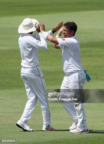 Yasir Shah of Pakistan celebrate after dismissing Rangana Herath of Sri Lanka during Day Five of the First Test between Pakistan and Sri Lanka at...