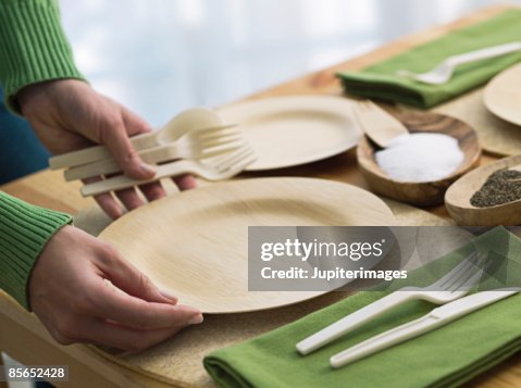 Place setting with eco-friendly tableware Place setting with eco-friendly tableware