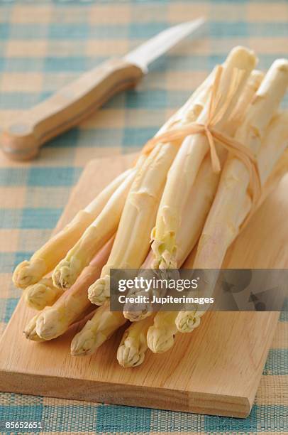 bundle of white asparagus - asperges blanches stock-fotos und bilder