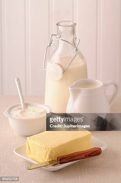 assortment of fresh dairy products - cream dairy product stock pictures, royalty-free photos & images
