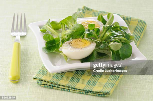 mache salad with hard boiled egg - hard boiled eggs imagens e fotografias de stock