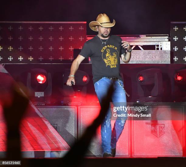 Recording artist Jason Aldean performs during the Route 91 Harvest country music festival at the Las Vegas Village on October 1, 2017 in Las Vegas,...