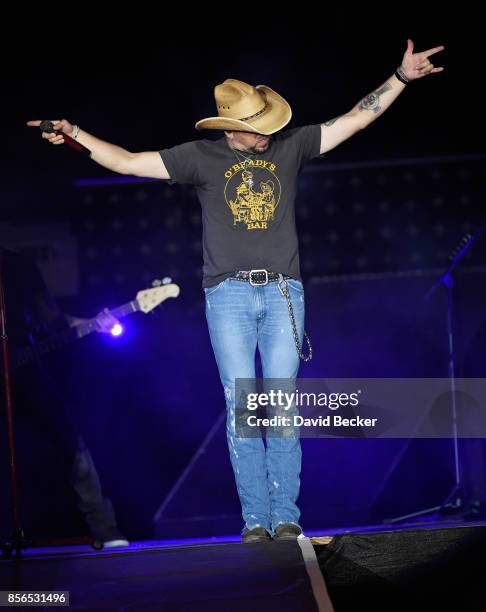 Recording artist Jason Aldean performs during the Route 91 Harvest country music festival, shortly before a gunman opened fire, at the Las Vegas...